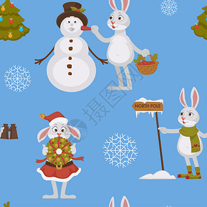 新年快乐兔子装饰圣诞树的无缝模式孤立在蓝背景矢量上兔子寻找北极建造雪人兔子照顾大胡萝卜冬天新年快乐兔子装饰圣诞树的无缝模式孤立在庆祝高清图片素材