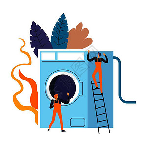 洗衣机排水修理洗衣机的工人插画