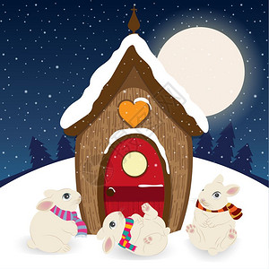 可爱的圣诞景与吉诺米房子和快乐的兔图片