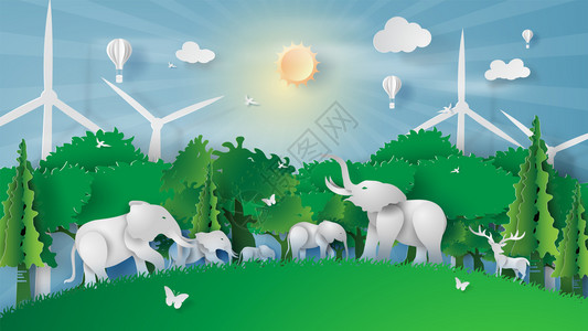 剪纸风森林大象群卡通矢量插画图片