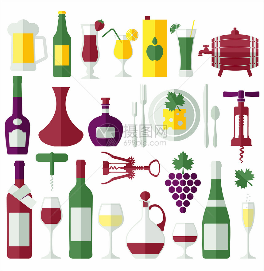 葡萄酒平面图标设置计元素白色置图片
