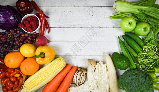 混合蔬菜和水果背景健康食品清洁健康各类新鲜成熟水果子红黄紫色和绿蔬菜市场收获农产品各色高清图片素材