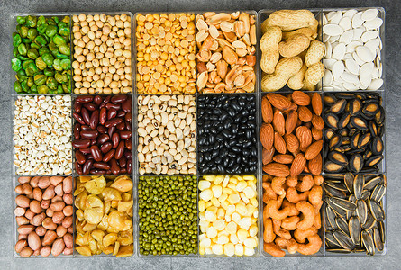 豆类和种子坚果多彩味零食料理背景各种豆类混合子天然健康食品作为烹饪原料的农业背景图片