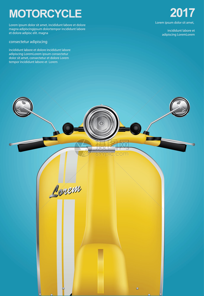 蓝色背景的黄色摩托车矢量说明图片