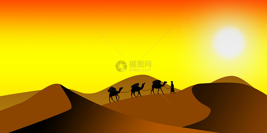 沙漠丘骆驼在漠中行走3D图片