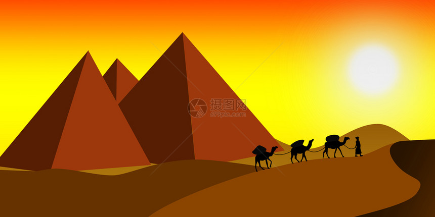 带骆驼的金字塔在沙漠中行走3D图片