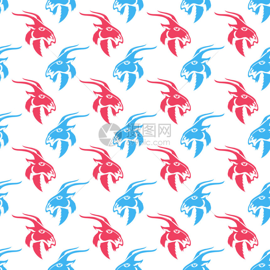 白色背景孤立的无缝山羊角形模式Ram的红色蓝轮廓白背景孤立的无缝山羊角模式图片