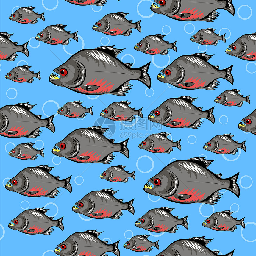 Piranha鱼在蓝背景上游的无缝模式卡通图片
