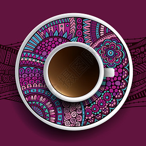 紫色碟子向量插图用一小杯咖啡和手在碟子背景上画装饰品插画