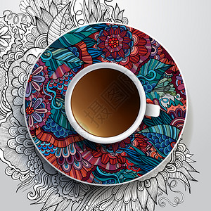 用一小杯咖啡和手绘花卉装饰品的矢量插图放在碟子和背景上图片