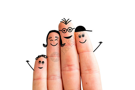 手指卡通幸福家庭概念白背景与世隔绝背景