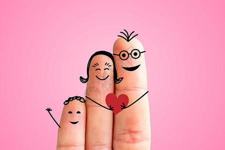 隔离不隔爱画手指幸福家庭概念粉红色背景背景