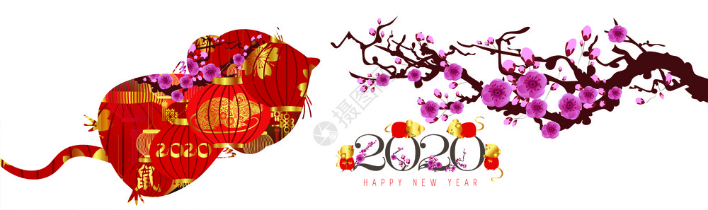 20新年新传统红金网标语图示配有亚洲花朵装饰包括书法符号意思是鼠图片