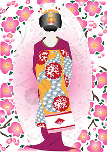 樱花卡通樱花或背景身着日本服饰和的女孩背景