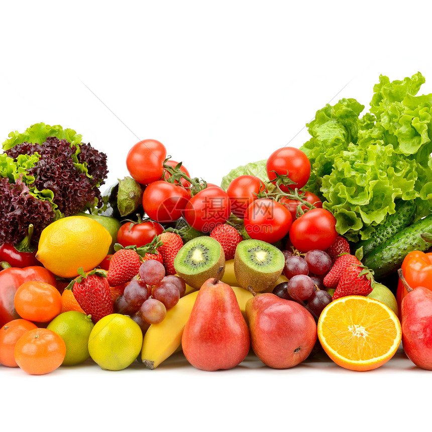 白色背景上孤立的新鲜美味蔬菜水果和浆图片