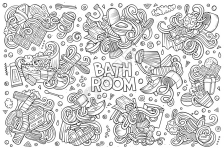 黑白浴室手绘黑白线条矢量浴室图集插画