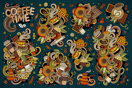 彩色矢量手画的多彩图包括茶叶和咖啡主题物品和符号背景图片