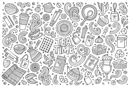 手工矢量线条矢量手工绘制的涂鸦漫画包括茶叶和咖啡主题物品和符号插画