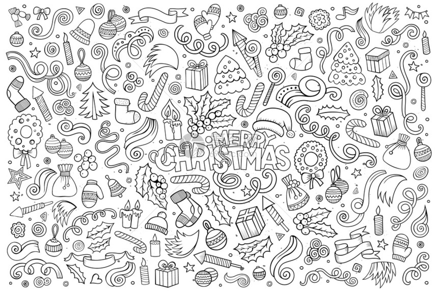 矢量手绘制了圣诞快乐主题上的Doodle漫画系列物品和符号粉笔板矢量手绘制了Doodle漫画系列圣诞物品图片
