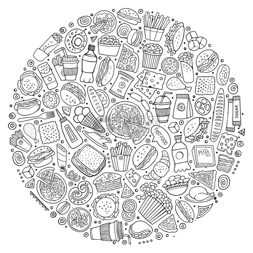 一组快速食品卡通图案符号和物品圆形构成一套快速食品卡通图案符号和物品图片