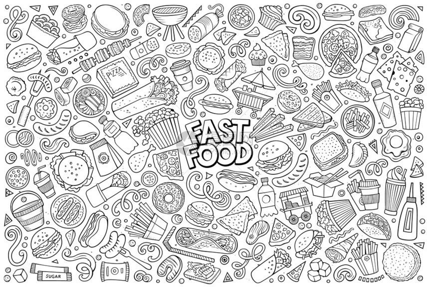线条矢量手工绘制的涂鸦卡通上面有快食物品和符号图片