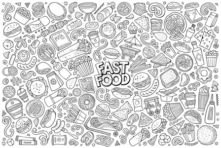 线条矢量手工绘制的涂鸦卡通上面有快食物品和符号背景图片