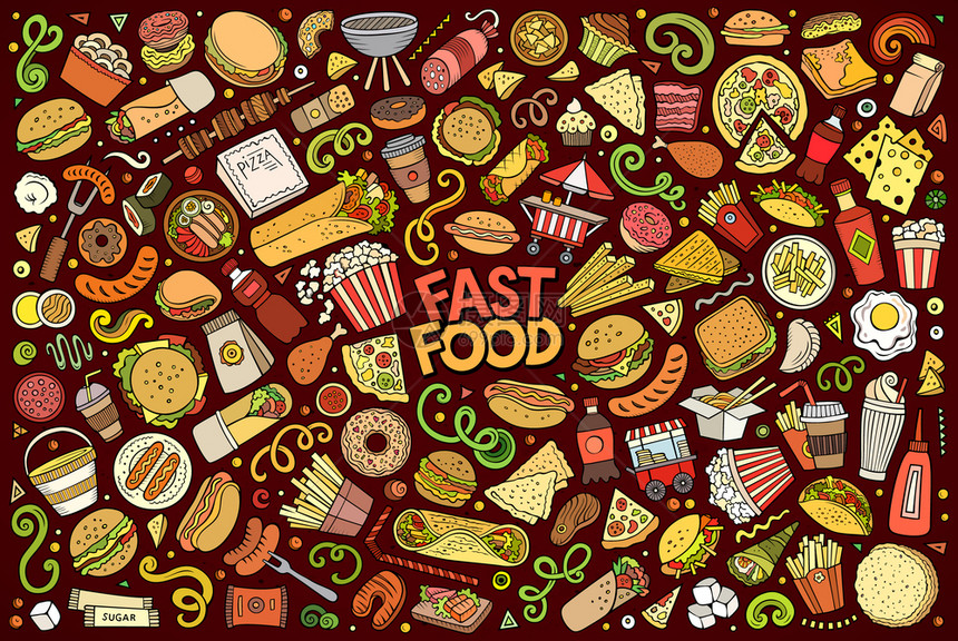 由多彩矢量手工绘制的涂鸦卡通上面有快食物品和符号图片