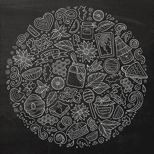 设计绘制粉笔板矢量手工绘制的一套蜂蜜漫画涂鸦对象符号和物品圆形构成插画
