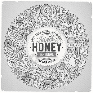 蜂蜜产品画线矢量手工绘制的蜂蜜漫画图示符号和物品集圆边框构成插画