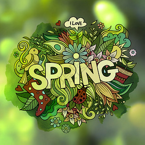 春季手写字和涂鸦元素矢量模糊背景春季手写字母和涂鸦元素图片