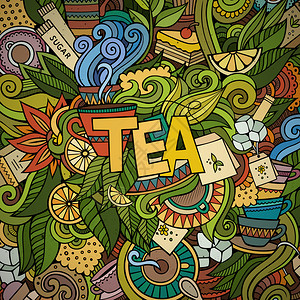 茶叶手字母和涂鸦元素背景矢量插图图片