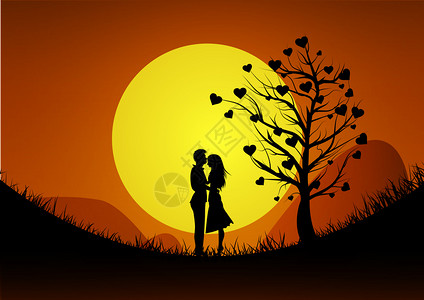 情人节快乐的插图爱情侣的浪漫轮廓日落背景矢量插图图片