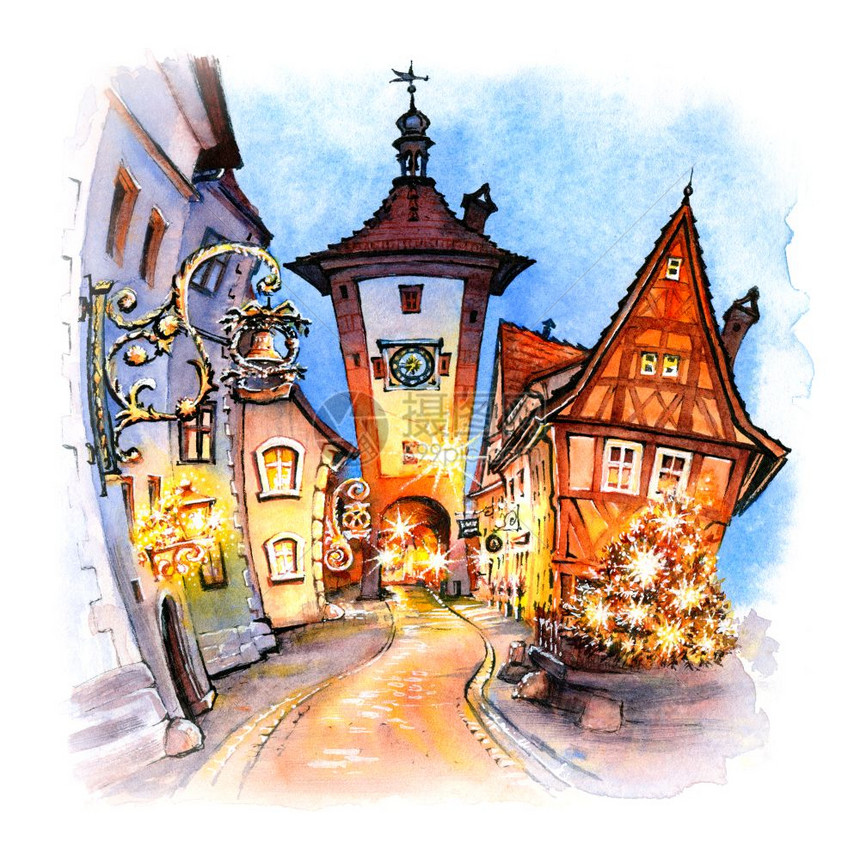 巴伐利亚州罗德堡陶伯市中世纪古城的圣诞普隆莱因水彩画图这是穿越德国南部的罗马路一分德国罗堡陶伯市罗堡陶伯市图片
