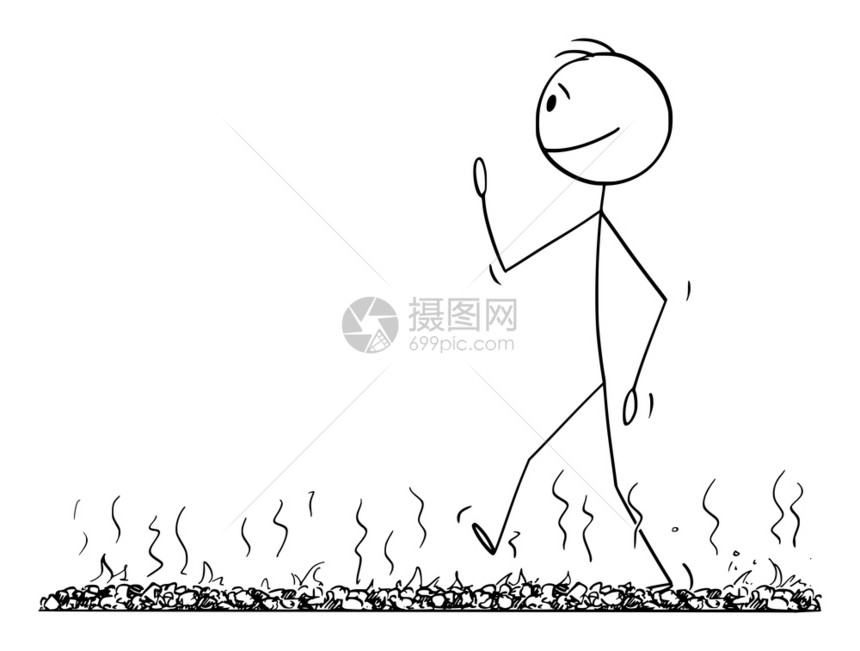 矢量卡通插图绘制火道男子或商人徒步赤脚走在热或石头的床面上概念图解图片