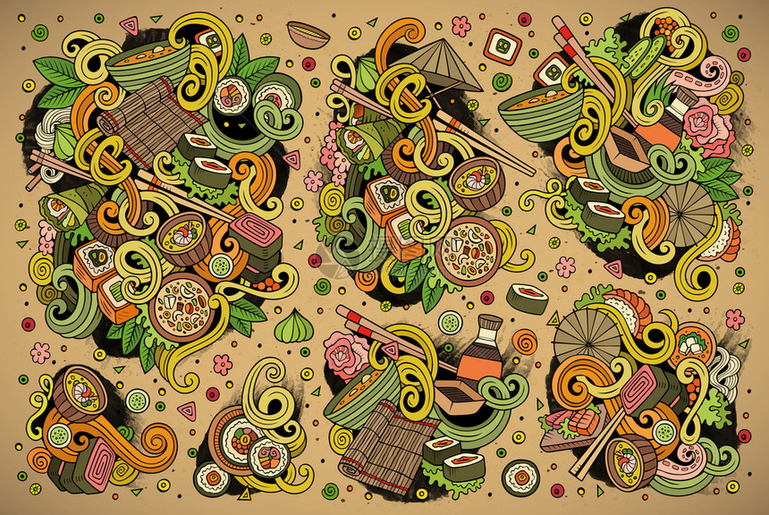 日本食物品和符号的一组日本食物品和符号的一组涂鸦漫画图片