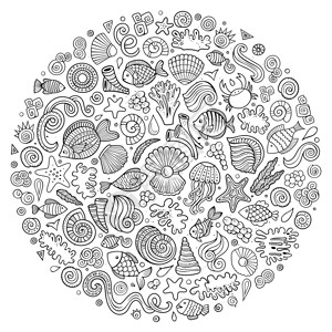 海洋元素海生动植物元素涂鸦风格插画图片