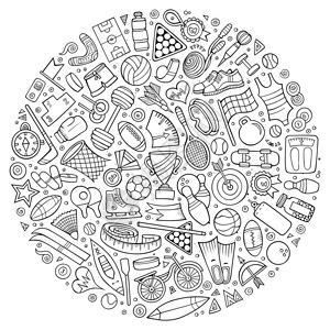 一组体育漫画标语符号和物品圆形构成图片