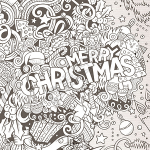 圣诞涂鸦卡通可爱的面条手画圣诞快乐插图片带有新年主题项目Doodle刻画2017线条艺术详细有许多对象背景有趣的矢量艺术作品卡通可爱的面插画