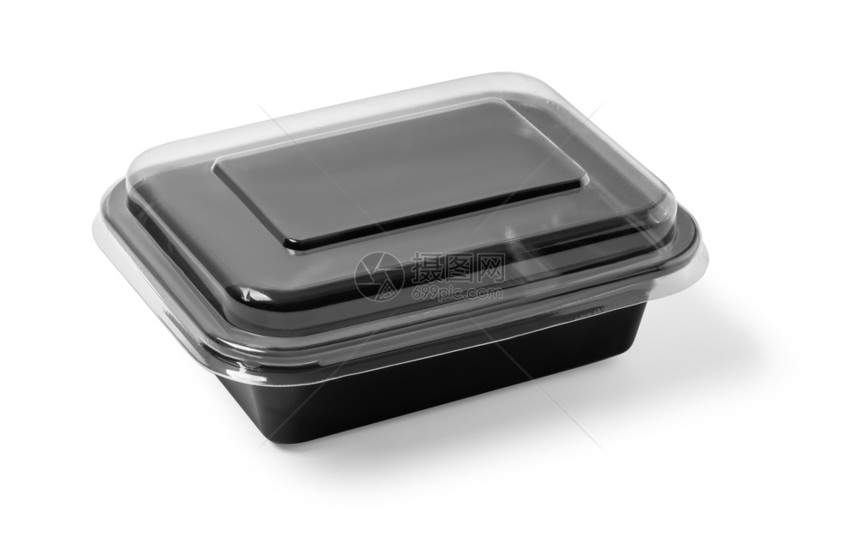 白色背景剪切路径上的黑塑料食品集装箱图片