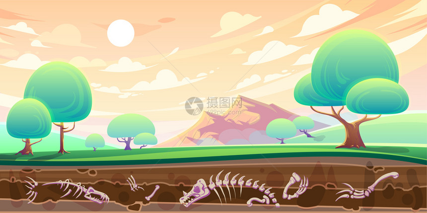 绿色山谷有树木和地下横段有多层土壤和化石古代恐龙的骨架卡通矢量图解图片