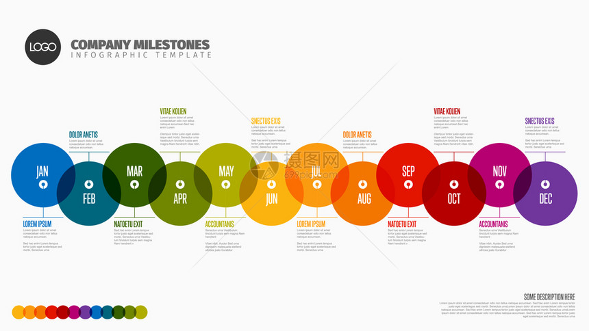 全年时间表模板所有月都以横向时间线为作为一个大的重叠圆圈图片