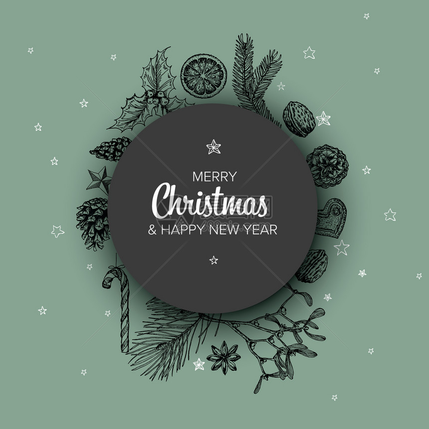 矢量老手画圣诞卡有各种季节形状姜面包寄生虫锥坚果和圆圈内容占位符图片
