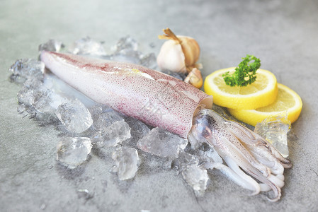 在冰上生鱿鱼有沙拉香料加柠檬大蒜有白板背景新鲜乌贼章鱼或餐饮海鲜市场煮熟食品的甲头鱼背景图片