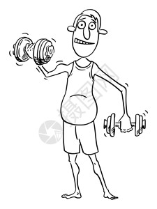 男子哑铃运动以两种哑铃在家锻炼的平均中年男子在家锻炼的漫画健康生活方式概念插画