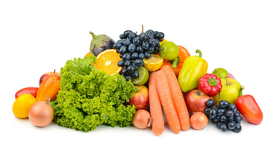 在白色背景上隔离的新鲜水果和蔬菜饮食高清图片素材