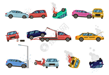 变形汽车交通撞车破碎汽车援助保险图标插画