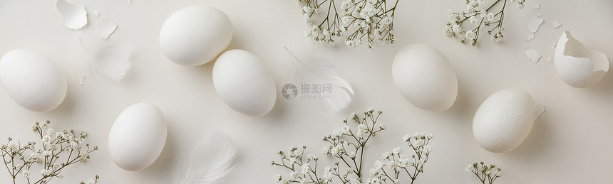 复活节概念鸡蛋花瓣羽毛和白底的花朵平躺着顶视图片