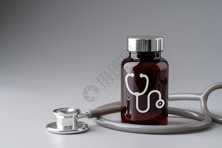 全球保健药品瓶上的医学图标图片
