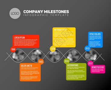 矢量信息时间表报告模板具有最大的里程碑图标年份和颜色按钮暗版矢量信息时间表报告模板背景图片
