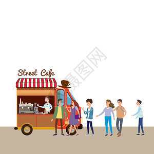 卡通流动食品面包咖啡卡车矢量插画图片
